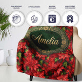 Rich Red Poinsettia Dense Floral Festive Christmas Botanical Design  Personalised Custom Name Super Soft Fleece Blanket Bed Sofa Throw