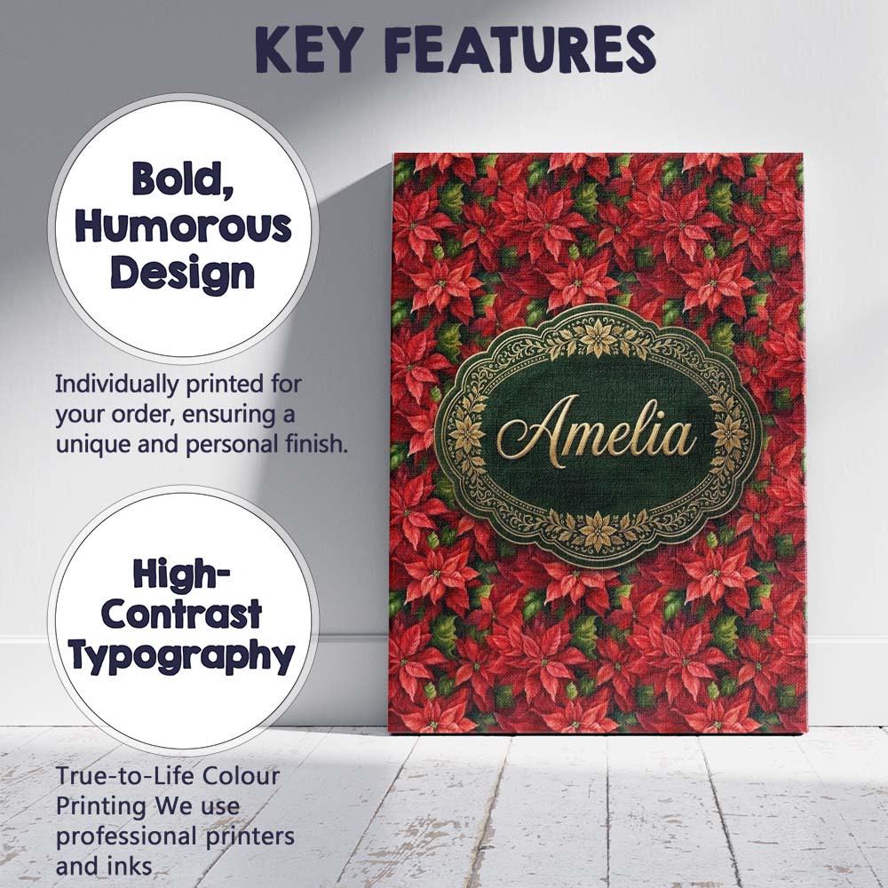 Personalised Name Rich Red Poinsettia Dense Custom  Bespoke Interior Contemporary Canvas Wall Art Print Decor Picture Ready to Hang