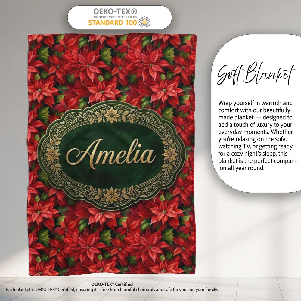 Rich Red Poinsettia Dense Floral Festive Christmas Botanical Design  Personalised Custom Name Super Soft Fleece Blanket Bed Sofa Throw