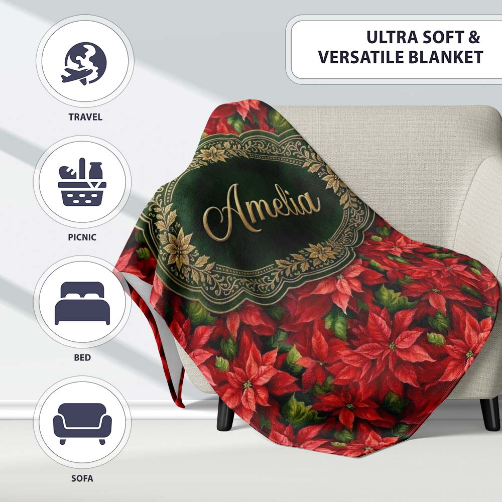 Rich Red Poinsettia Dense Floral Festive Christmas Botanical Design  Personalised Custom Name Super Soft Fleece Blanket Bed Sofa Throw