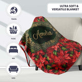 Rich Red Poinsettia Dense Floral Festive Christmas Botanical Design  Personalised Custom Name Super Soft Fleece Blanket Bed Sofa Throw