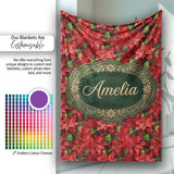Rich Red Poinsettia Dense Floral Festive Christmas Botanical Design  Personalised Custom Name Super Soft Fleece Blanket Bed Sofa Throw