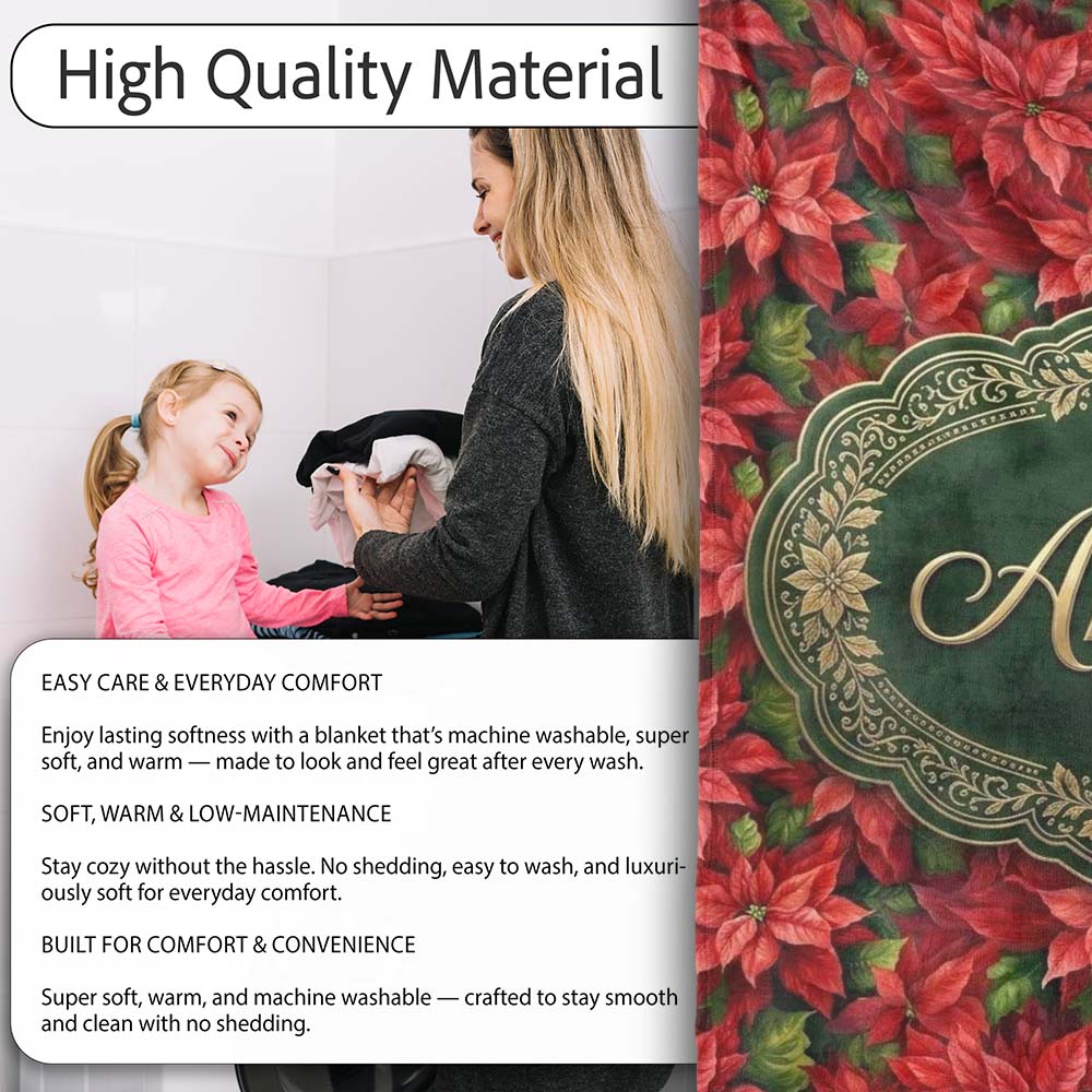 Rich Red Poinsettia Dense Floral Festive Christmas Botanical Design  Personalised Custom Name Super Soft Fleece Blanket Bed Sofa Throw