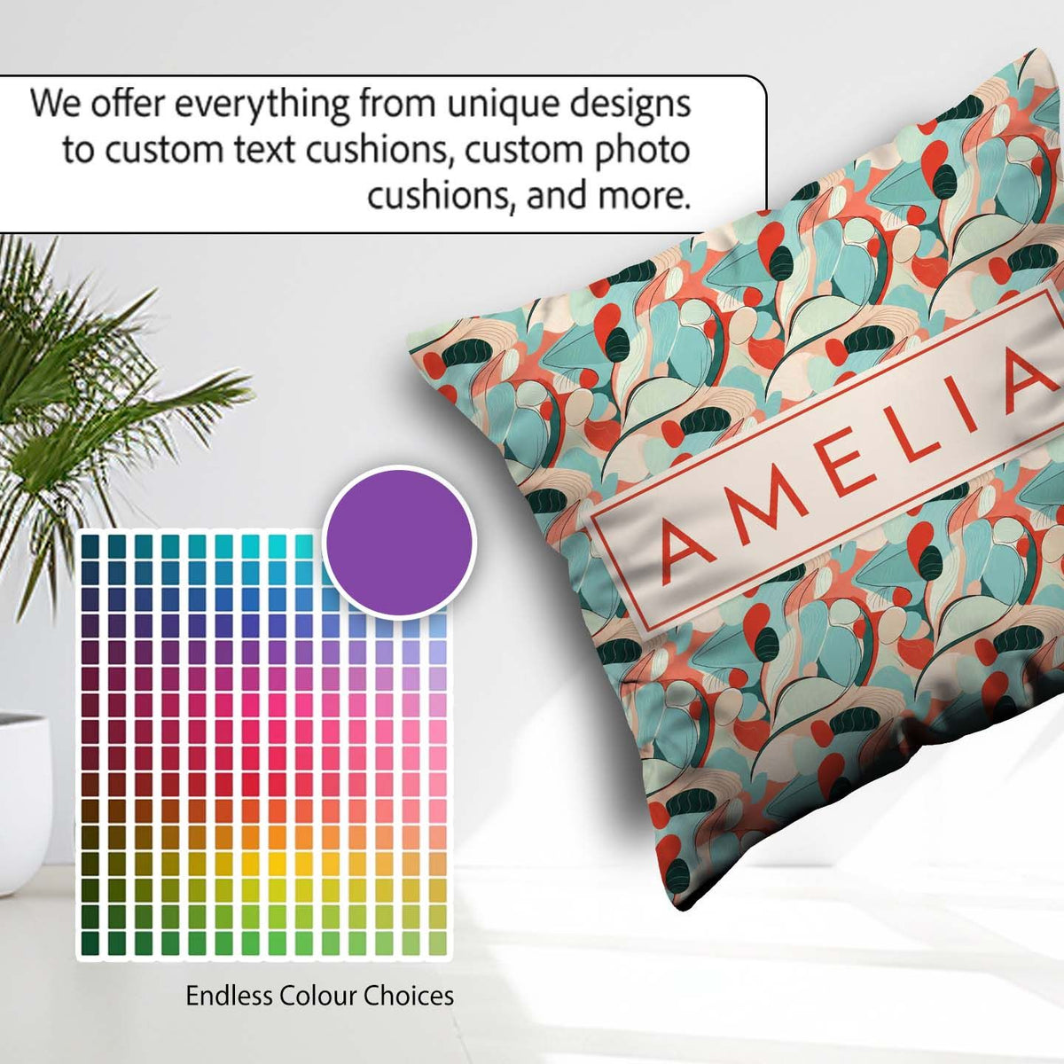 Custom Name Abstract Century Modern Organic Shapes Teal Seamless Square Filled Cushion Throw Pillow Sofa Bed Home Decor Zip Washable UK Made