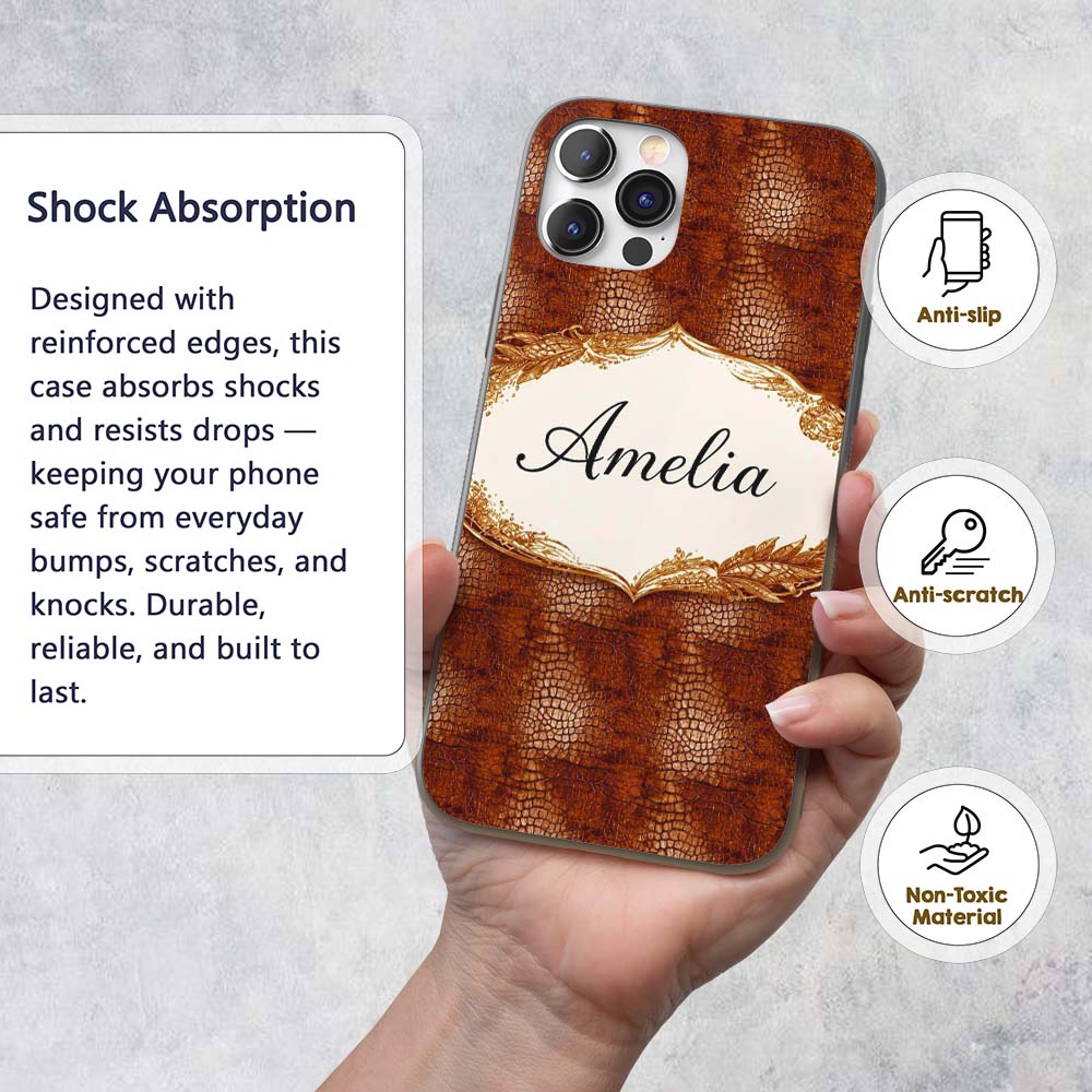 Brown Crocodile Leather Texture Pattern Charming Custom Name Protective Phone Case Mobile Cover Durable Everyday Smartphone Shock Resistant