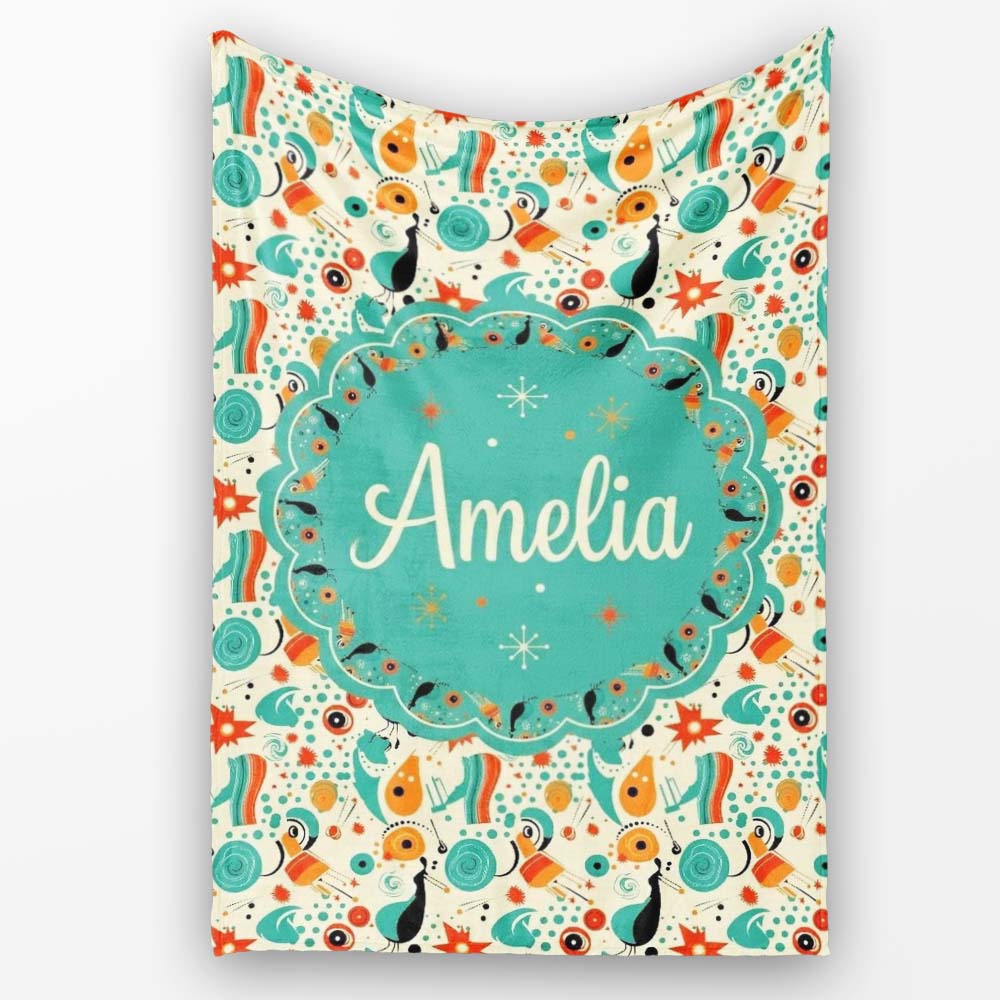 Whimsical Abstract Birds and Shapes Teal Orange Mid Century Style  Personalised Custom Name Super Soft Fleece Blanket Bed Sofa Throw
