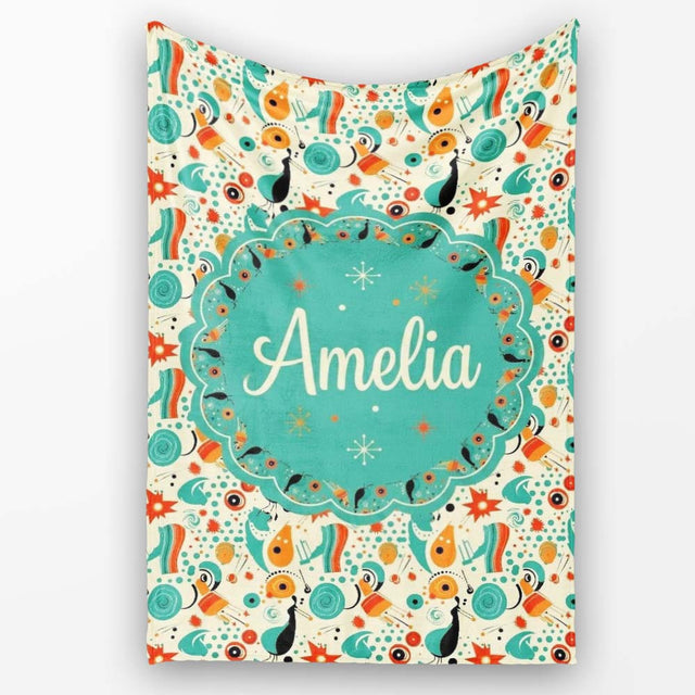 Whimsical Abstract Birds and Shapes Teal Orange Mid Century Style  Personalised Custom Name Super Soft Fleece Blanket Bed Sofa Throw