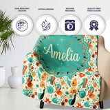 Whimsical Abstract Birds and Shapes Teal Orange Mid Century Style  Personalised Custom Name Super Soft Fleece Blanket Bed Sofa Throw