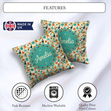 Custom Name Whimsical Abstract Birds and Shapes Teal Mid Century Square Filled Cushion Throw Pillow Sofa Bed Home Decor Zip Washable UK Made