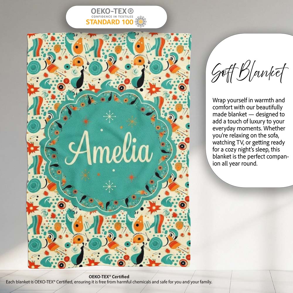 Whimsical Abstract Birds and Shapes Teal Orange Mid Century Style  Personalised Custom Name Super Soft Fleece Blanket Bed Sofa Throw