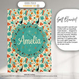 Whimsical Abstract Birds and Shapes Teal Orange Mid Century Style  Personalised Custom Name Super Soft Fleece Blanket Bed Sofa Throw