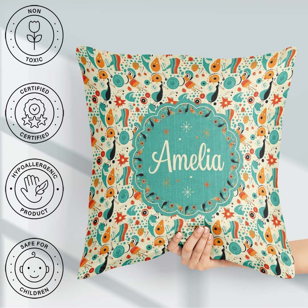 Custom Name Whimsical Abstract Birds and Shapes Teal Mid Century Square Filled Cushion Throw Pillow Sofa Bed Home Decor Zip Washable UK Made