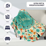Whimsical Abstract Birds and Shapes Teal Orange Mid Century Style  Personalised Custom Name Super Soft Fleece Blanket Bed Sofa Throw