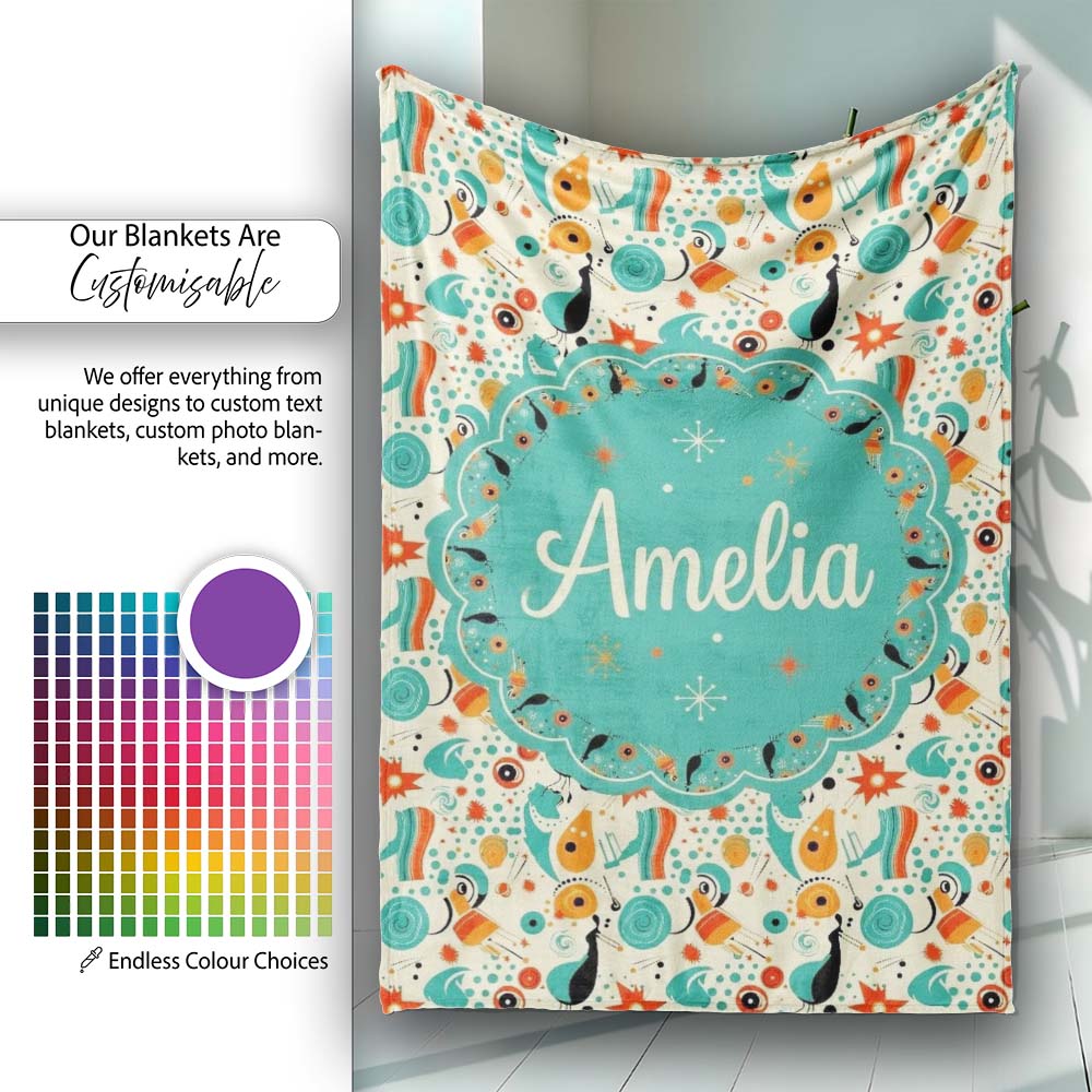 Whimsical Abstract Birds and Shapes Teal Orange Mid Century Style  Personalised Custom Name Super Soft Fleece Blanket Bed Sofa Throw