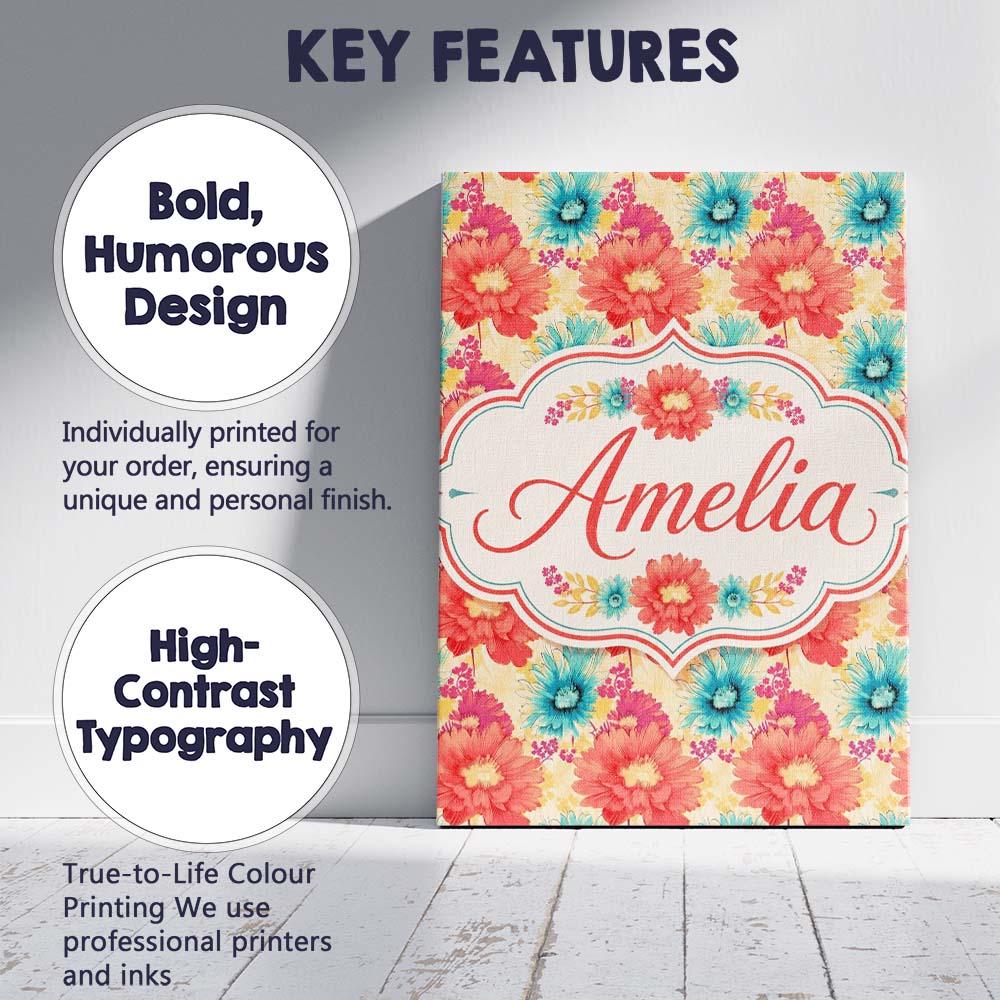 Personalised Name Bright Floral Daisy Custom Modern Room Accent Creative Decorator Style Canvas Wall Art Print Decor Picture Ready to Hang