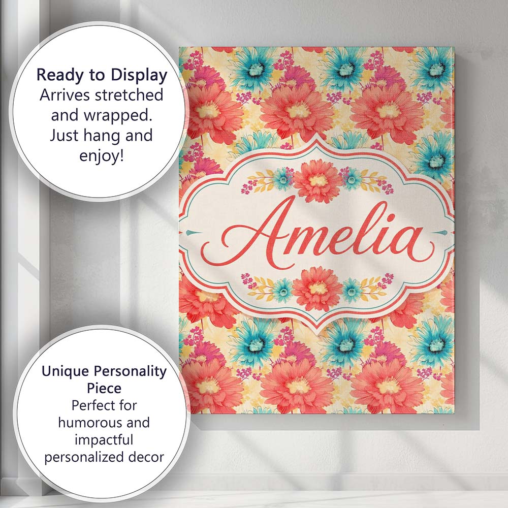 Personalised Name Bright Floral Daisy Custom Modern Room Accent Creative Decorator Style Canvas Wall Art Print Decor Picture Ready to Hang