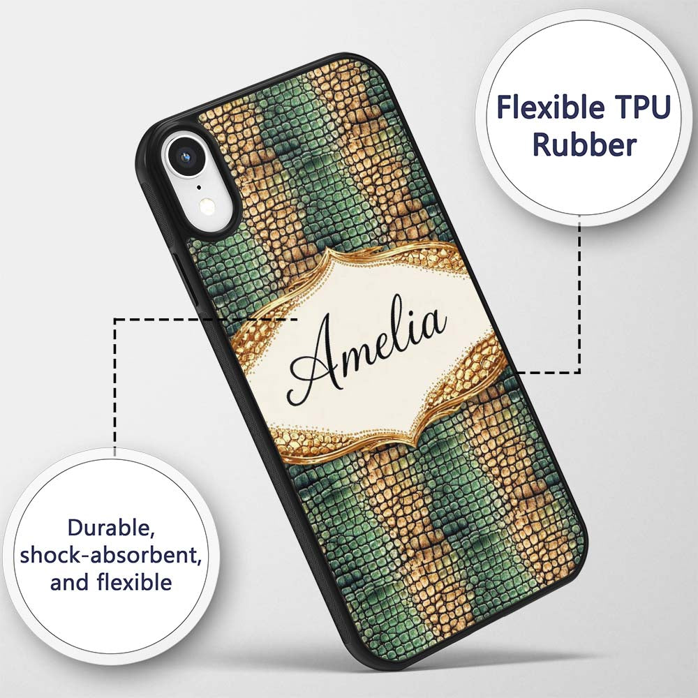 Teal Crocodile Skin Texture Pattern Luxury Design Custom Name Protective Phone Case Mobile Cover Durable Everyday Smartphone Shock Resistant