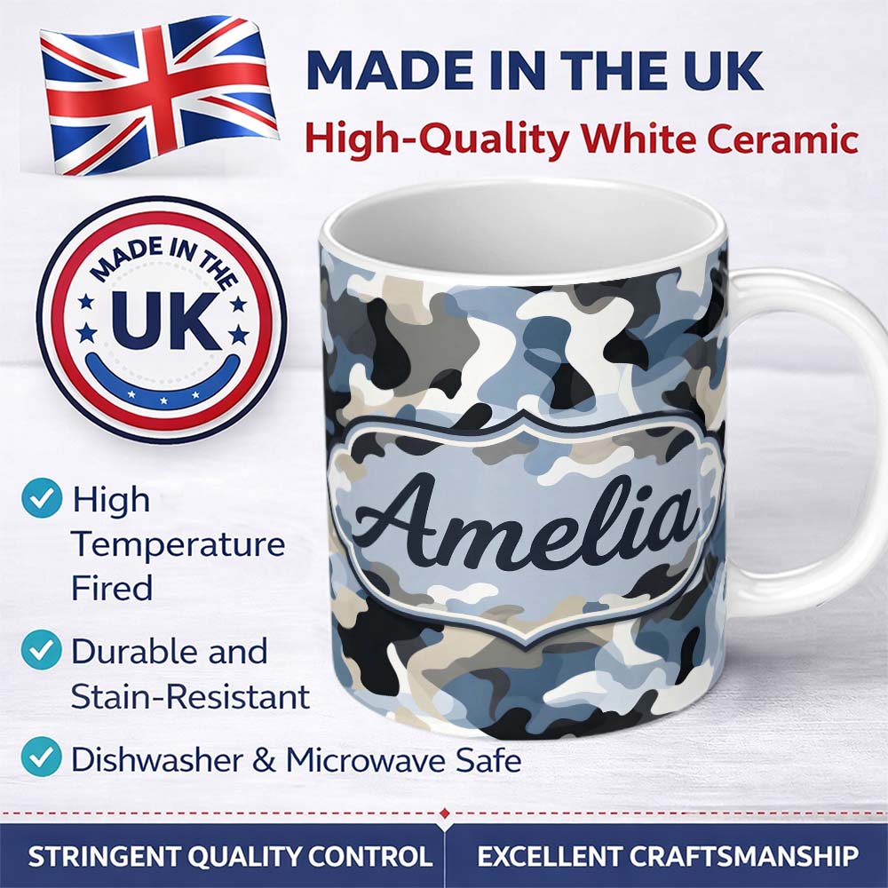 Personalized Custom Name Blue Grey Urban Camouflage Seamless Pattern Thoughtful Gift Idea 11oz Ceramic Coffee Tea Mug White Large Handle