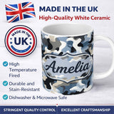 Personalized Custom Name Blue Grey Urban Camouflage Seamless Pattern Thoughtful Gift Idea 11oz Ceramic Coffee Tea Mug White Large Handle
