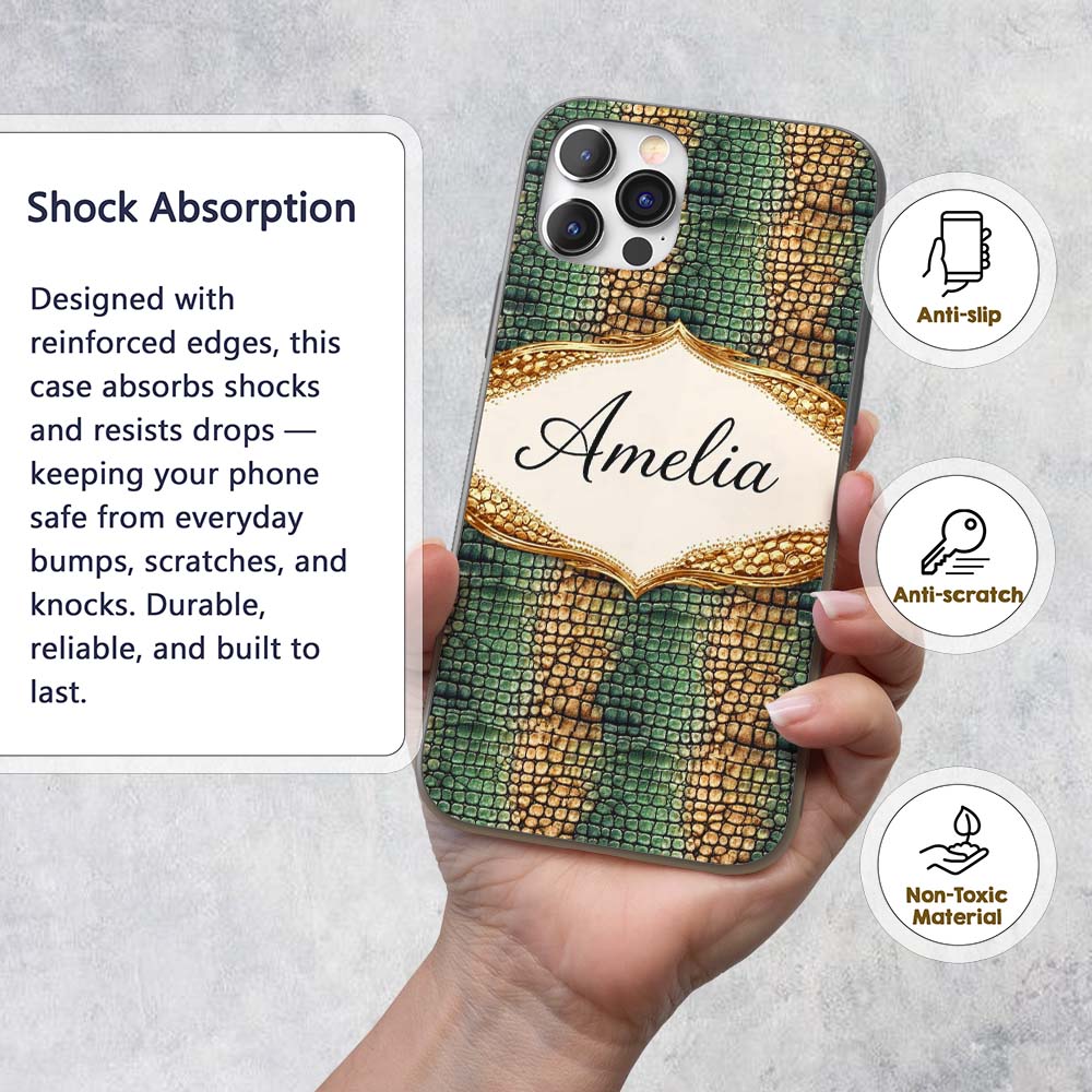 Teal Crocodile Skin Texture Pattern Luxury Design Custom Name Protective Phone Case Mobile Cover Durable Everyday Smartphone Shock Resistant