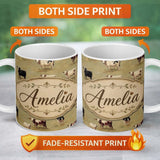 Personalized Custom Name Farm Cow Cattle Pasture Illustration Seamless Pattern Lovely 11oz Ceramic Coffee Tea Mug White Large Handle
