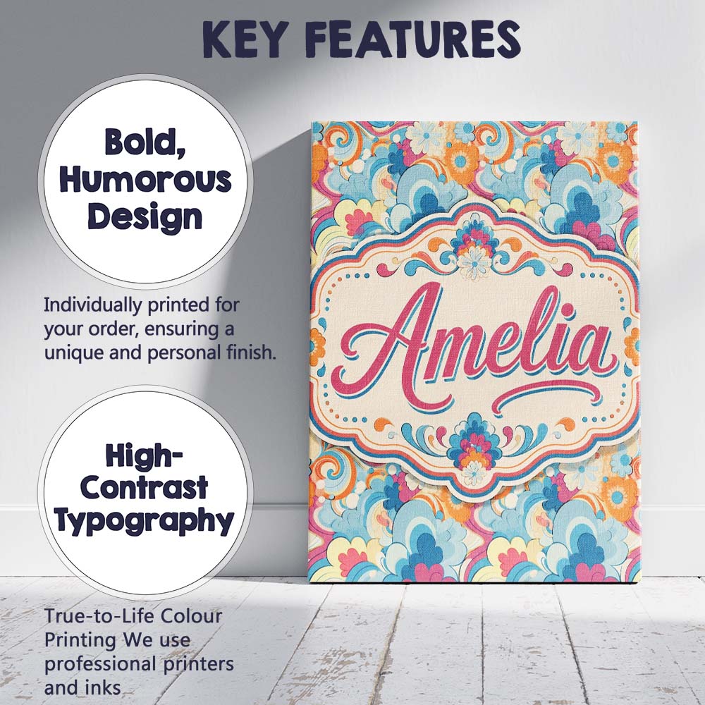 Personalised Name Floral Swirl Pattern Custom  Modern Room Accent Elegant Feature Canvas Wall Art Print Decor Picture Ready to Hang