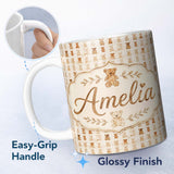 Personalized Custom Name Vintage Distressed Teddy Bear Repeating Neutral Seamless Pattern 11oz Ceramic Coffee Tea Mug White Large Handle