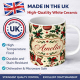 Personalized Custom Name Festive Christmas Gifts Stockings Holly Leaves Bells Seamless Lovely 11oz Ceramic Coffee Tea Mug White Large Handle
