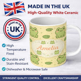 Personalized Custom Name Cute Frog Lily Pad Cartoon Animal Pattern Thoughtful Gift Idea 11oz Ceramic Coffee Tea Mug White Large Handle
