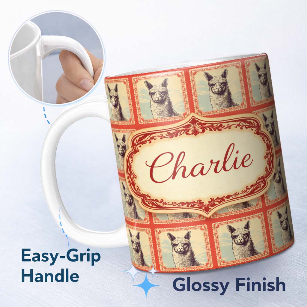 Personalized Custom Name Alpaca Sketch Frame Rustic Vintage Animal Pattern Cute Unique Gift 11oz Ceramic Coffee Tea Mug White Large Handle