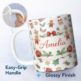 Personalized Custom Name Gingerbread Christmas Cookie Pattern Cute Holiday Seamless Design 11oz Ceramic Coffee Tea Mug White Large Handle