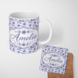 Personalized Custom Name Soft Purple Wildflower Botanical Seamless Pattern Cute Unique Gift 11oz Ceramic Coffee Tea Mug White Large Handle