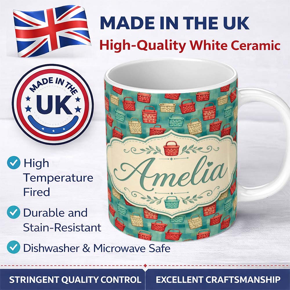 Personalized Custom Name Colorful Woven Basket Collection Style Seamless Pattern Lovely 11oz Ceramic Coffee Tea Mug White Large Handle