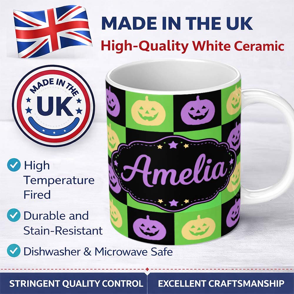 Personalized Custom Name Halloween Pumpkin Checkerboard Purple Green Seamless Pattern UK 11oz Ceramic Coffee Tea Mug White Large Handle