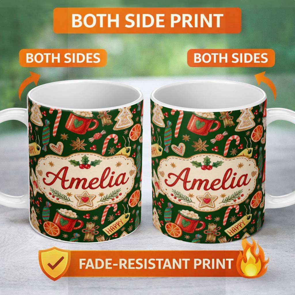 Personalized Custom Name Watercolor Christmas Mug Cookie Candy Cane Orange Seamless Pattern 11oz Ceramic Coffee Tea Mug White Large Handle
