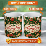 Personalized Custom Name Watercolor Christmas Mug Cookie Candy Cane Orange Seamless Pattern 11oz Ceramic Coffee Tea Mug White Large Handle