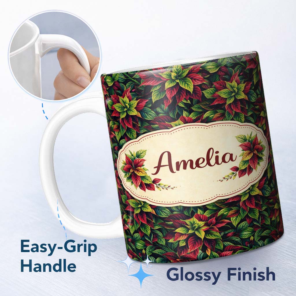 Personalized Custom Name Red Green Tropical Leaf Jungle Seamless Pattern Cute Unique Gift 11oz Ceramic Coffee Tea Mug White Large Handle