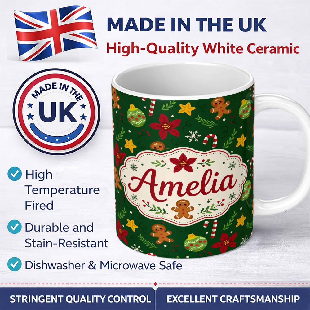 Personalized Custom Name Cute Gingerbread Poinsettia Ornament Candy Cane Seamless Pattern 11oz Ceramic Coffee Tea Mug White Large Handle