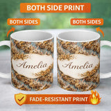 Personalized Custom Name Vintage Style Brown Rabbit Garden Illustration Seamless Pattern 11oz Ceramic Coffee Tea Mug White Large Handle