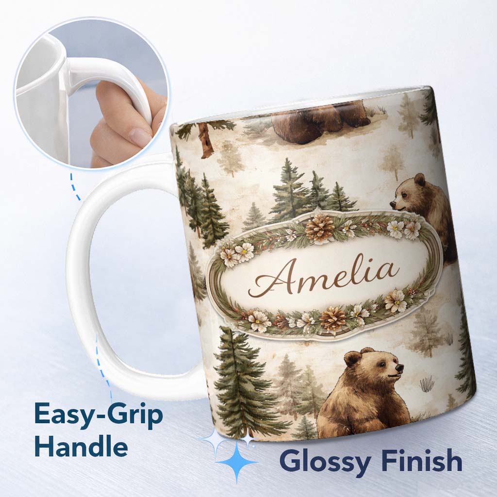 Personalized Custom Name Bear Portrait Circle Seamless Pattern Dark Rustic Wildlife Design 11oz Ceramic Coffee Tea Mug White Large Handle