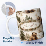 Personalized Custom Name Bear Portrait Circle Seamless Pattern Dark Rustic Wildlife Design 11oz Ceramic Coffee Tea Mug White Large Handle