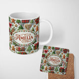 Personalized Custom Name Christmas Gingerbread House Tree Cookie Festive Seamless Pattern 11oz Ceramic Coffee Tea Mug White Large Handle