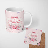 Personalized Custom Name Elegant Watercolor Rose Bouquet Ribbon Butterfly Soft Beige Lovely 11oz Ceramic Coffee Tea Mug White Large Handle