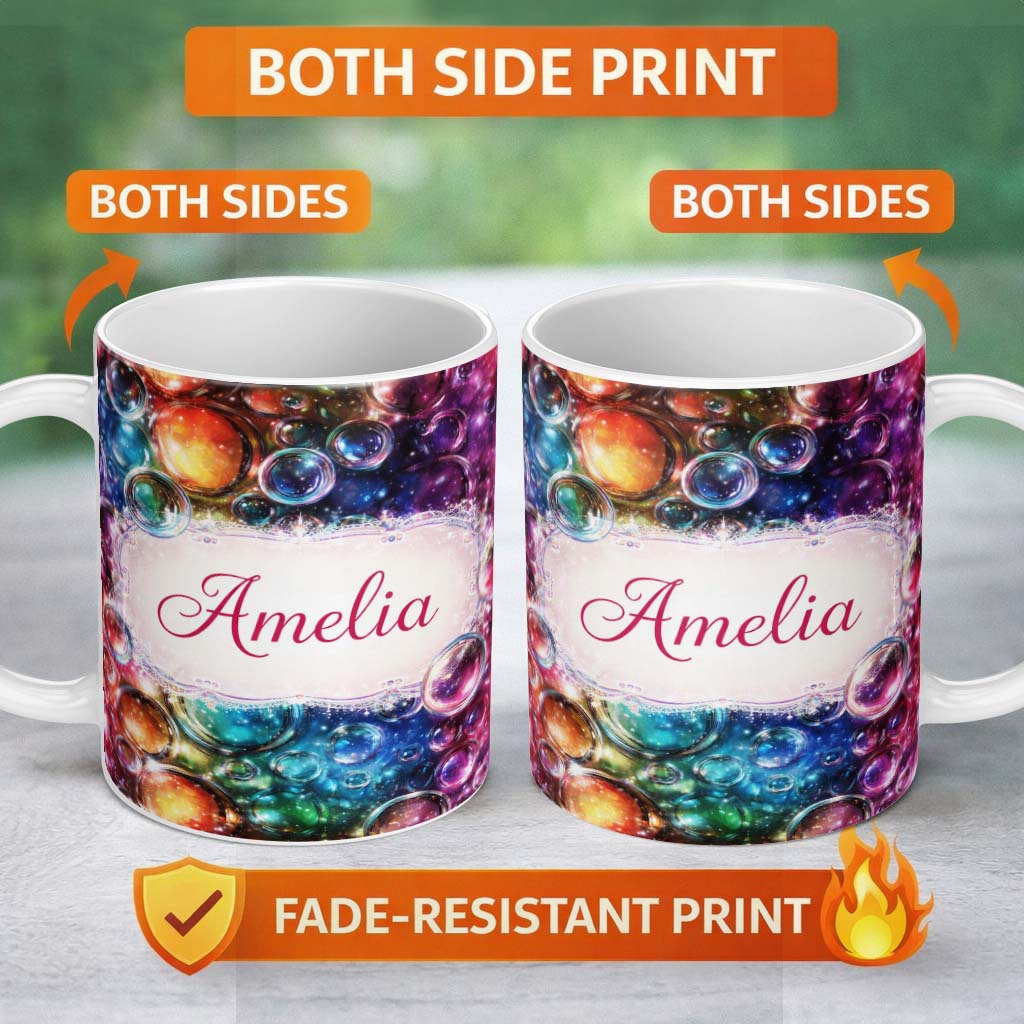 Personalized Custom Name Vibrant Cosmic Bubble Abstract Seamless Pattern Cute Unique Gift 11oz Ceramic Coffee Tea Mug White Large Handle
