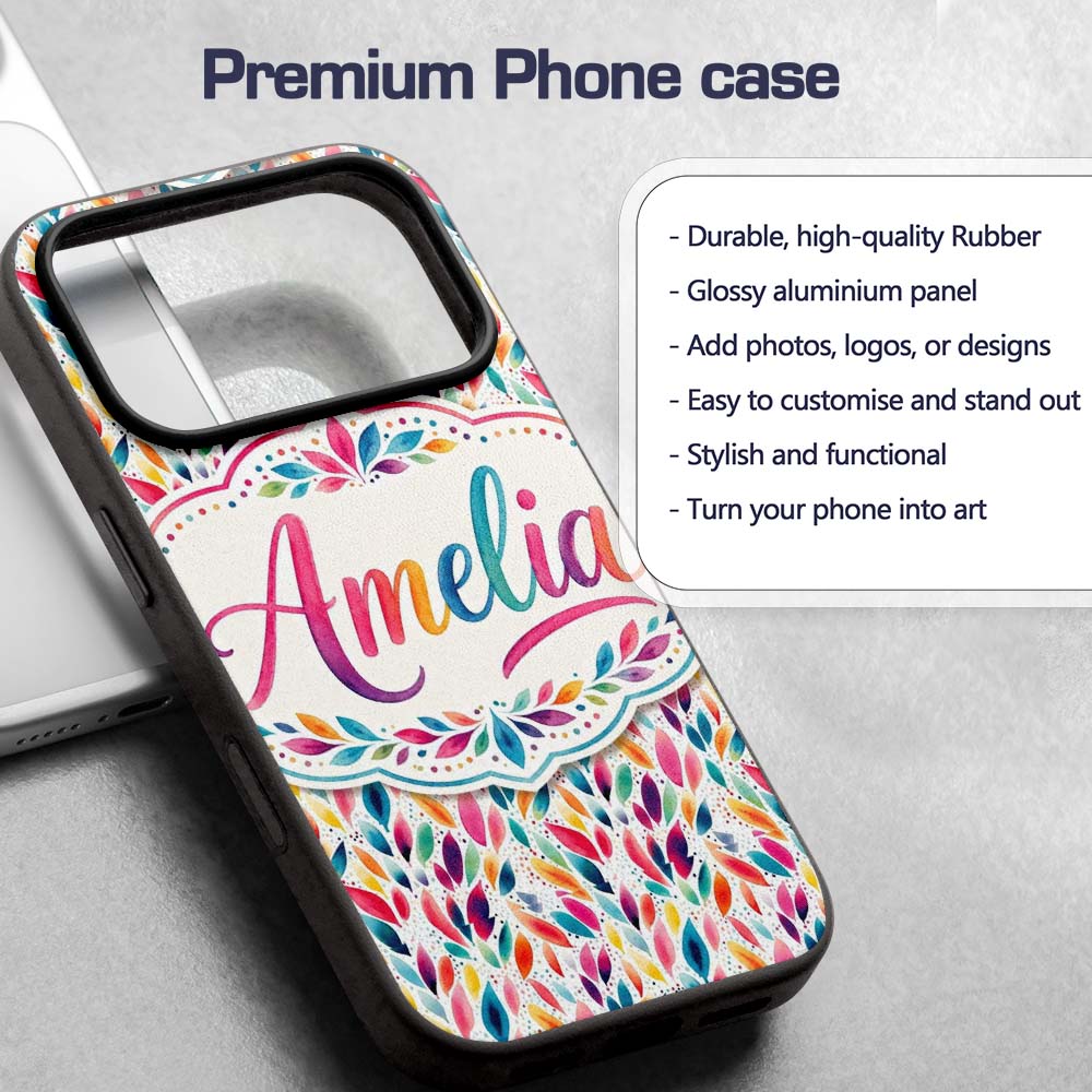 Colorful Watercolor Leaf Pattern Printed Design Custom Name Protective Phone Case Mobile Cover Durable Everyday Smartphone Shock Resistant