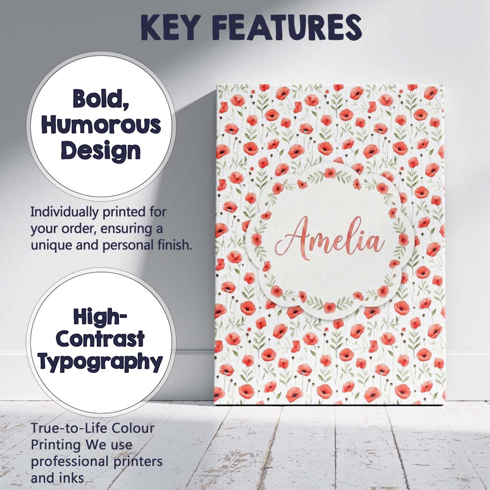 Personalised Name Delicate Red Poppy Custom Premium Decorative Design Modern Room Accent Canvas Wall Art Print Decor Picture Ready to Hang