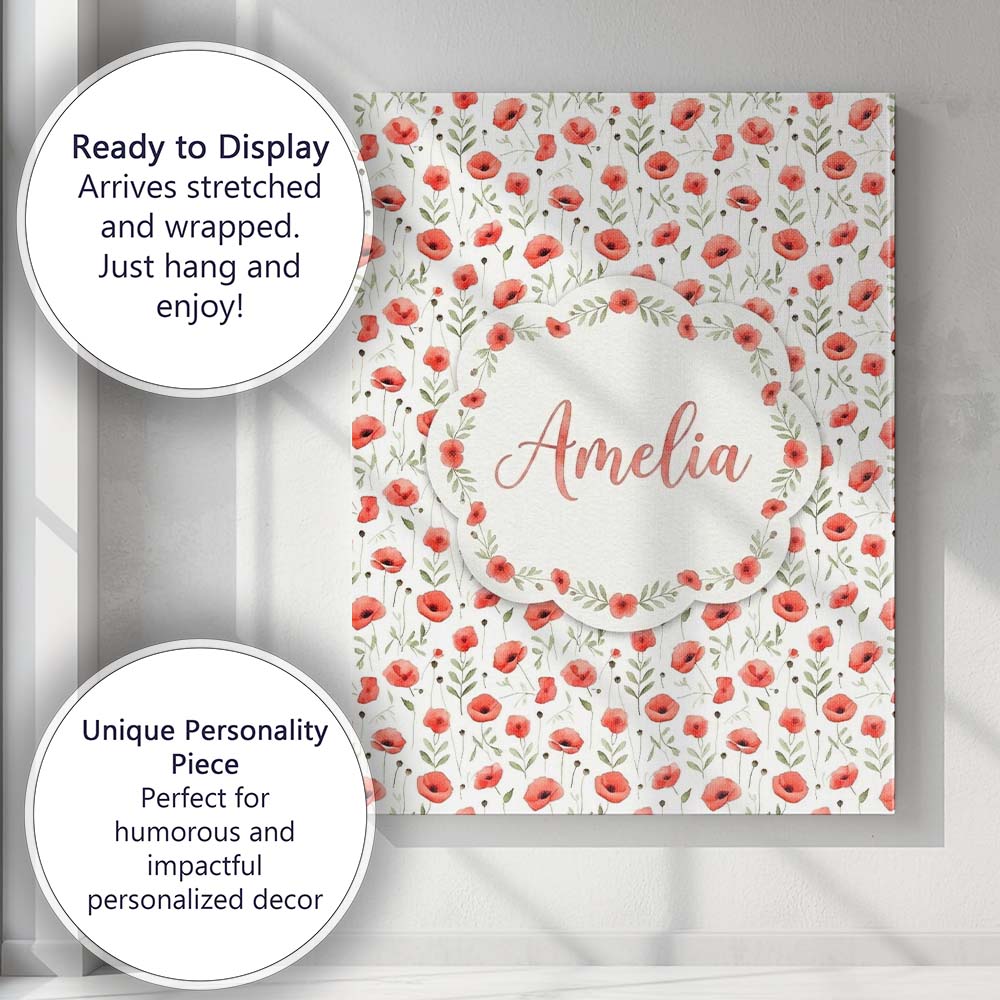 Personalised Name Delicate Red Poppy Custom Premium Decorative Design Modern Room Accent Canvas Wall Art Print Decor Picture Ready to Hang