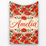 Vintage Poppy Floral Pattern Bold Red Flowers Botanical Seamless  Personalised Custom Name Super Soft Fleece Blanket Bed Sofa Throw
