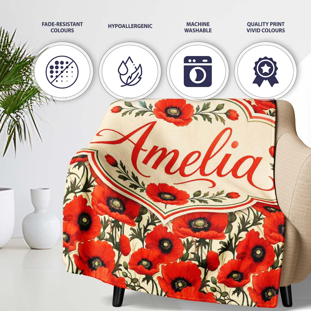 Vintage Poppy Floral Pattern Bold Red Flowers Botanical Seamless  Personalised Custom Name Super Soft Fleece Blanket Bed Sofa Throw