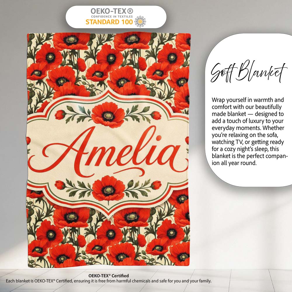 Vintage Poppy Floral Pattern Bold Red Flowers Botanical Seamless  Personalised Custom Name Super Soft Fleece Blanket Bed Sofa Throw